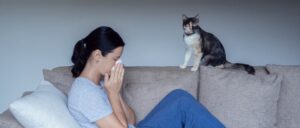 Sick Young Woman Sitting On Sofa At Home With A Cat